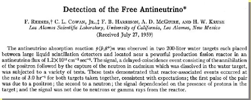 La rivelazione degli antineutrini Reines & Cowan usarono la cattura di antineutrini per rivelare l antineutrino ν e + p n + e + L