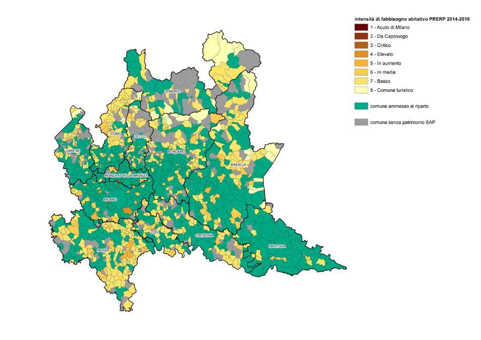 Rappresentazione territoriale degli esiti del riparto in funzione dell indice di fabbisogno abitativo PRERP 2014-2016 Enti ammessi a riparto: 5 Aler e 711 comuni.