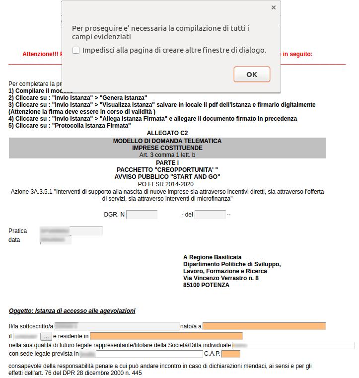 GENERA ISTANZA Terminata la compilazione dell istanza telematica si può procedere alla generazione della stessa cliccando sulla voce di menu Invio istanza > Genera Istanza All atto della generazione