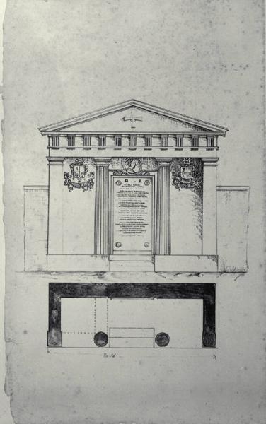 Pianta e prospetto di edicola funeraria per il barone Augusto Bataille, già nel cimitero di Porta Romana a Milano Amati, Carlo ((?