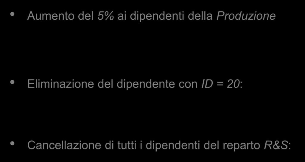 Manipolazione dei dati (2) Aumento del 5% ai dipendenti della Produzione UPDATE Impiegati SET Stipendio = Stipendio * 1.