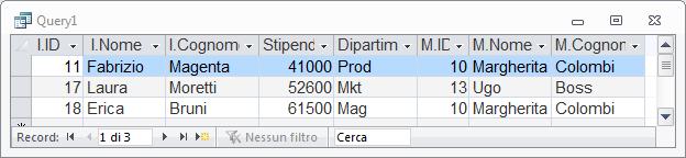 Cognome FROM Impiegati I, Dipartimenti D, Impiegati M WHERE