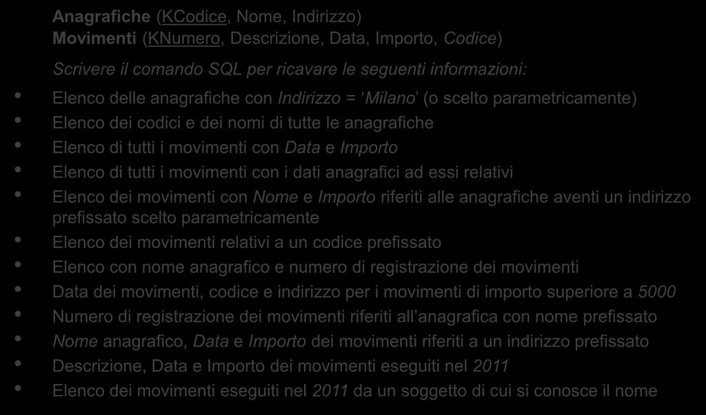 Esercizi (1) Anagrafiche (KCodice, Nome, Indirizzo) Movimenti (KNumero, Descrizione, Data, Importo, Codice) Scrivere il comando SQL per ricavare le seguenti informazioni: Elenco delle anagrafiche con