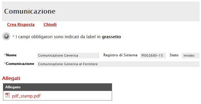 Figura 2: Dettaglio Comunicazione In alto è presente una toolbar per la gestione della Comunicazione: Crea Risposta: Il comando crea il documento necessario per inoltrare la risposta all Ente.