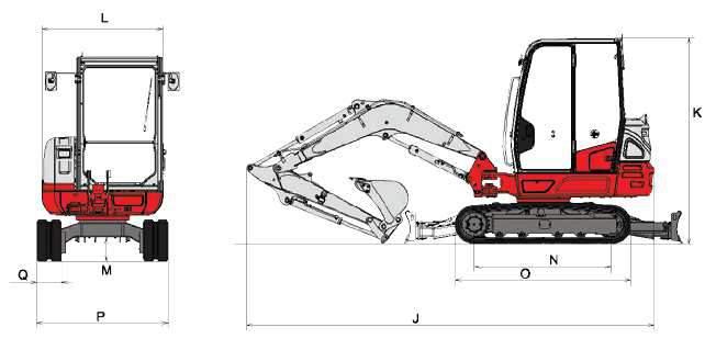 DIMENSIONI Valori riferiti alla versione cingoli in gomma TB235-2 (mm) J 4900 K 2495 L 1460 M 295 N 1645 O 2110 P 1580 Q 300