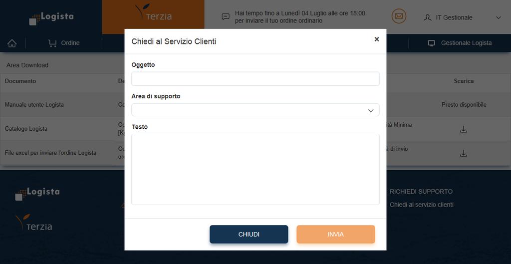 Cliccando sul link Chiedi al servizio clienti puoi inviare direttamente una richiesta di supporto.