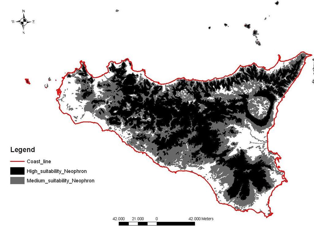 Fig. 3. Modello di idoneità ambientale del Capovaccaio in Sicilia.