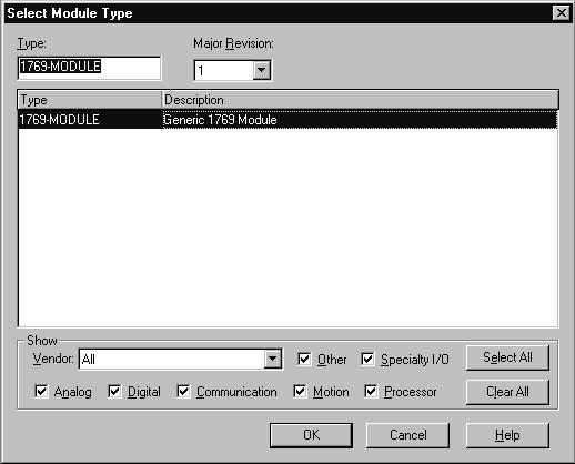 Viene visualizzata la seguente schermata: Questa schermata viene utilizzata per limitare la ricerca di moduli I/O da configurare nel sistema.