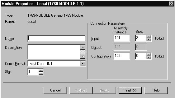 Configurazione del modulo 1769-IT6 con il Profilo generico per controllori CompactLogix in RSLogix 5 F-3 Selezionare prima di tutto il Comm Format ( Input Data INT per il 1769-IT6), quindi compilare