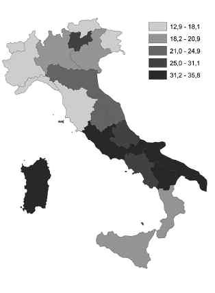 332 RAPPORTO OSSERVASALUTE 2009 Tabella 1 - Consumo di farmaci antibiotici a carico del SSN pesato per età (DDD/1.