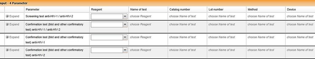 4 Scelta del reagente e nome del test Per prima cosa selezionare il reagente e il test prima di inserire i risultati per questa analisi.