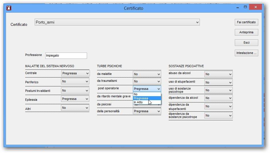 Stampa di un certificato Di seguito riportiamo la procedura per stampare un certificato Fare clic su Stampa -> Certificati Scegliere il certificato da stampare Compilare gli eventuali campi mostrati