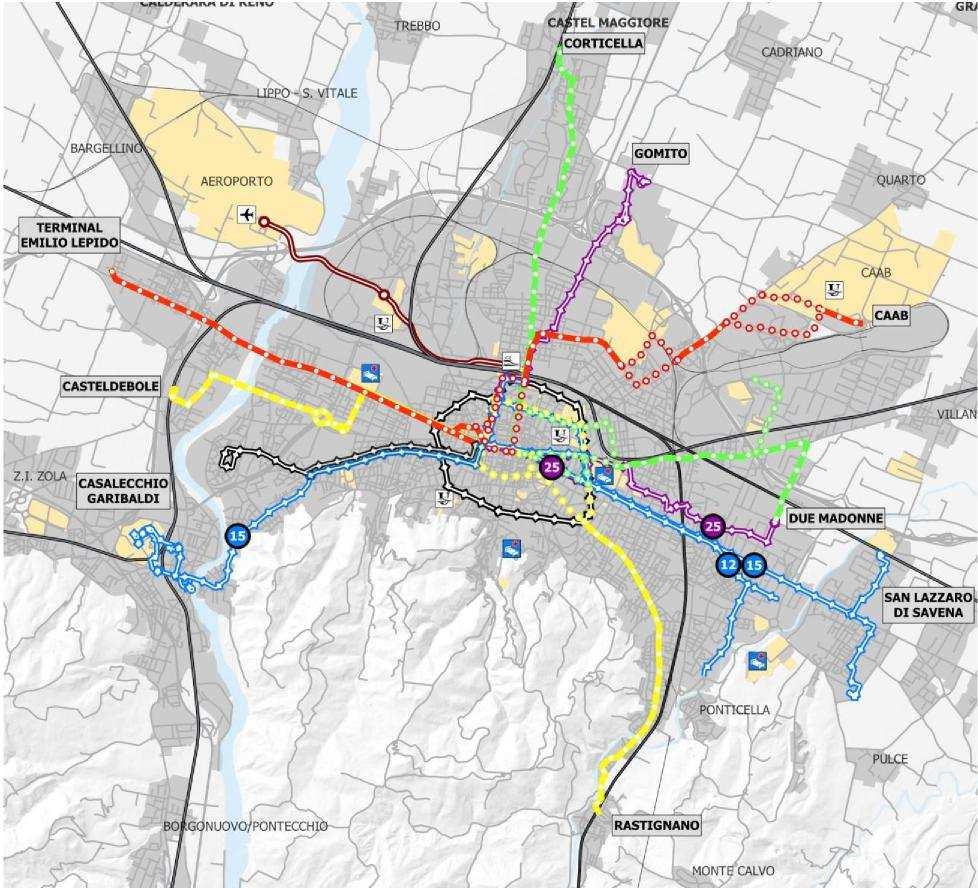 Lo scenario previsto dal PUMS con orizzonte 2030 prevede la realizzazione di quattro linee tranviarie : Linea Rossa: Terminal Borgo Panigale CAAB; Linea Gialla: Casteldebole Rastignano; Linea Verde: