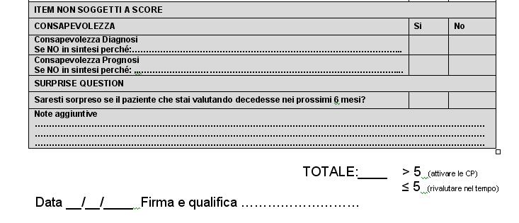 SCORE PER LA SEGNALAZIONE ALLA STRUTTURA DI CURE PALLIATIVE DEL PAZIENTE ONCOLOGICO SC Oncologia ASL