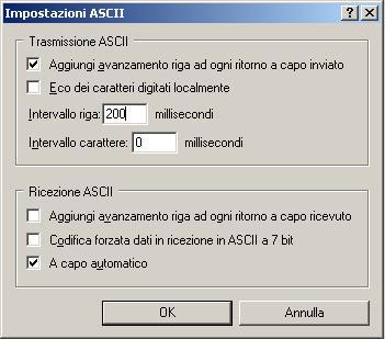 inferiore (Ricezione ASCII): Abilitare A capo automatico Al termine cliccare su OK