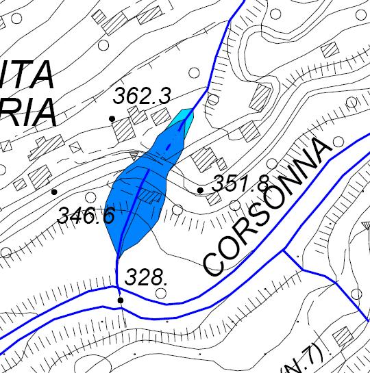 Fig. 7. Per le condizioni morfologiche presenti non si installano battenti da ristagno. Figura 7 Area esondata dal Solco di S.