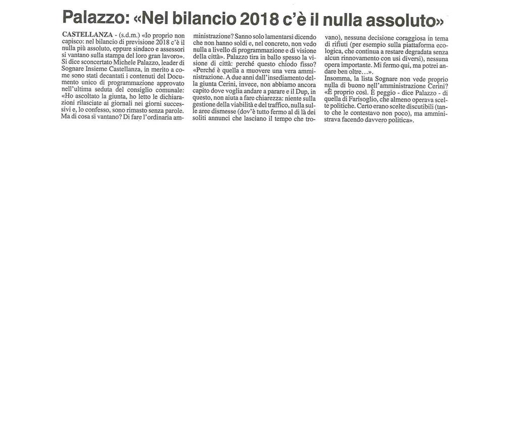 PALAZZO: "NEL BILANCIO C'È IL NULLA ASSOLUTO" pubblicato il 22/04/2018