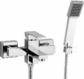 Single-lever deck bath/shower mixer Qubica series, with squared spout, spring diverter, and squared chrome plated brass pull-out handshower.