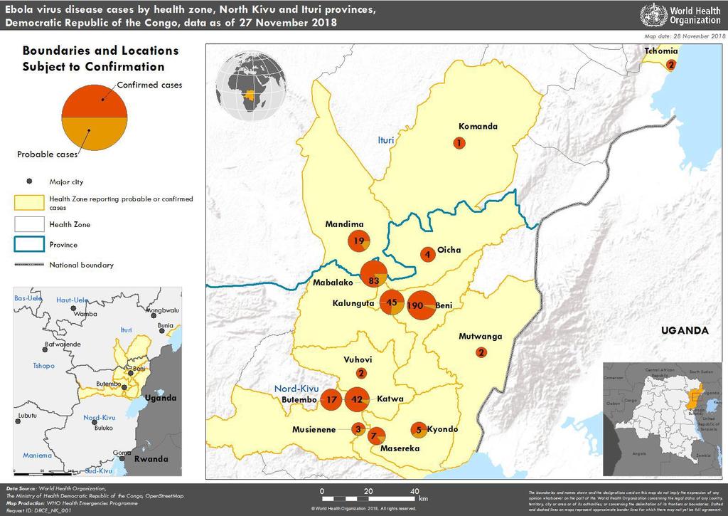 Casi confermati e probabili di malattia da virus Ebola per zona sanitaria nelle province di Nord Kivu e Ituri, Repubblica Democratica del Congo, dati al 27 novembre 2018 (n=422) 11 dicembre 2018