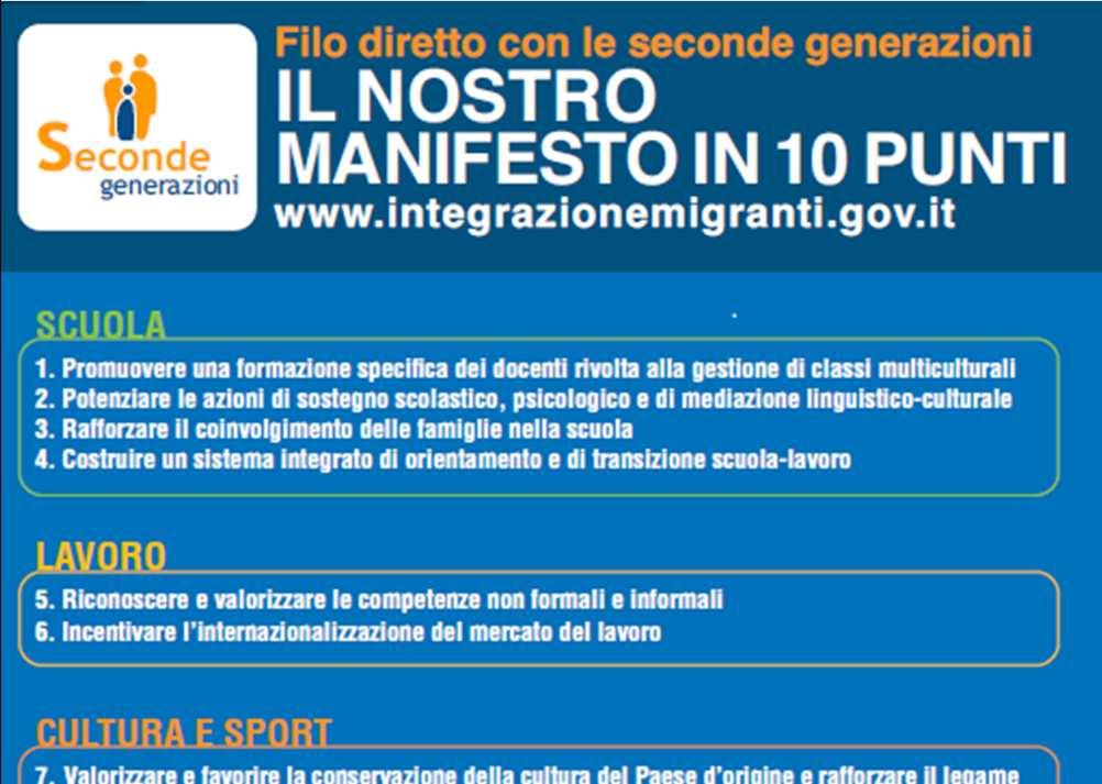 Minori e seconde generazioni 61 Box A Il manifesto delle seconde generazioni Nel corso del 2014, la Direzione Generale dell immigrazione e delle politiche di integrazione del Ministero del Lavoro e