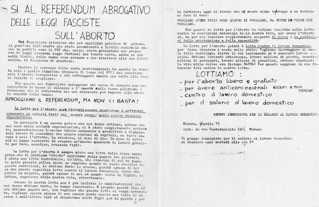 Si al referendum abrogativo delle leggi fasciste sull aborto, ciclostilato fronte retro, Gruppo femminista per il salario al lavoro