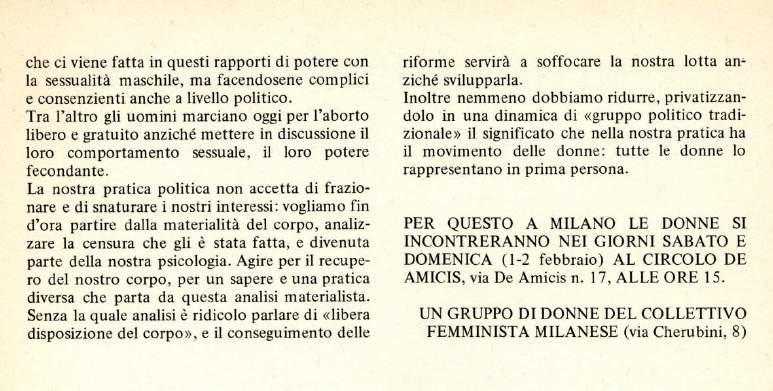 Documenti di gruppi femministi. Testimonianze di donne.