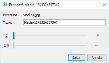 Facendo doppio click su una sorgente nella lista, sarà possibile personalizzare le sue proprietà: Figura 4 - Personalizzazione proprietà sorgente multimediale Proprietà Percorso Titolo Permanenza