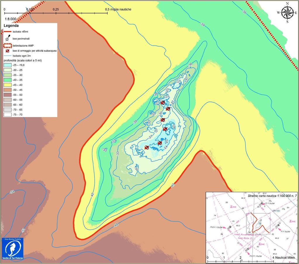 ALLEGATO 1 Mappe dei fondali dell'amp "Secche di Tor Paterno" con segnalati i siti di immersione e la batimetrica dei 45 metri.