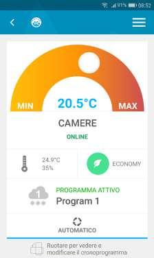 9.4.2 Cronotermostato Dalla DASHBOARD è possibile visualizzare le informazioni principali di ogni cronotermostato come la temperatura attuale della stanza, la temperatura di setpoint e la fascia