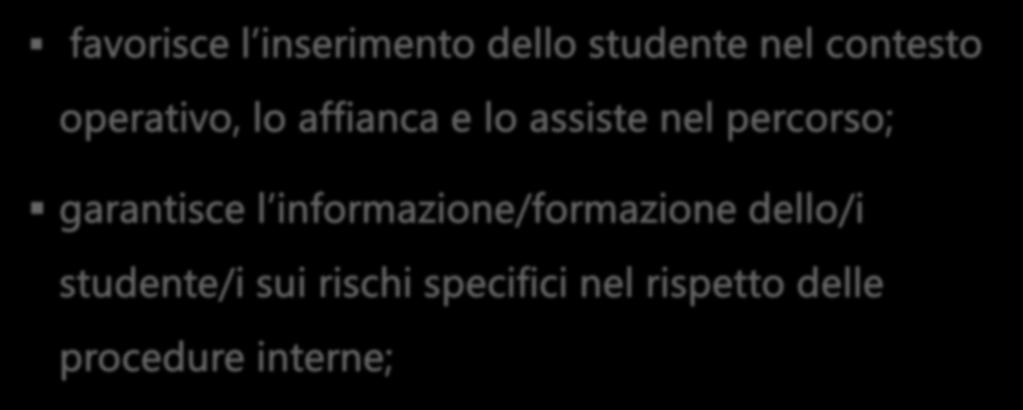 Il TUTOR ESTERNO svolge le seguenti funzioni: favorisce l inserimento dello studente nel contesto operativo, lo affianca e lo