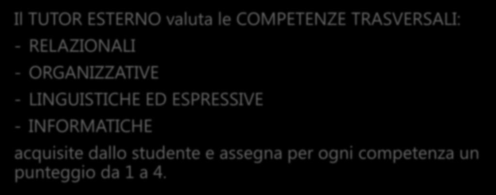 9. SCHEDA DI VALUTAZIONE DELLO STUDENTE a cura della struttura ospitante Il TUTOR ESTERNO valuta le COMPETENZE TRASVERSALI: - RELAZIONALI