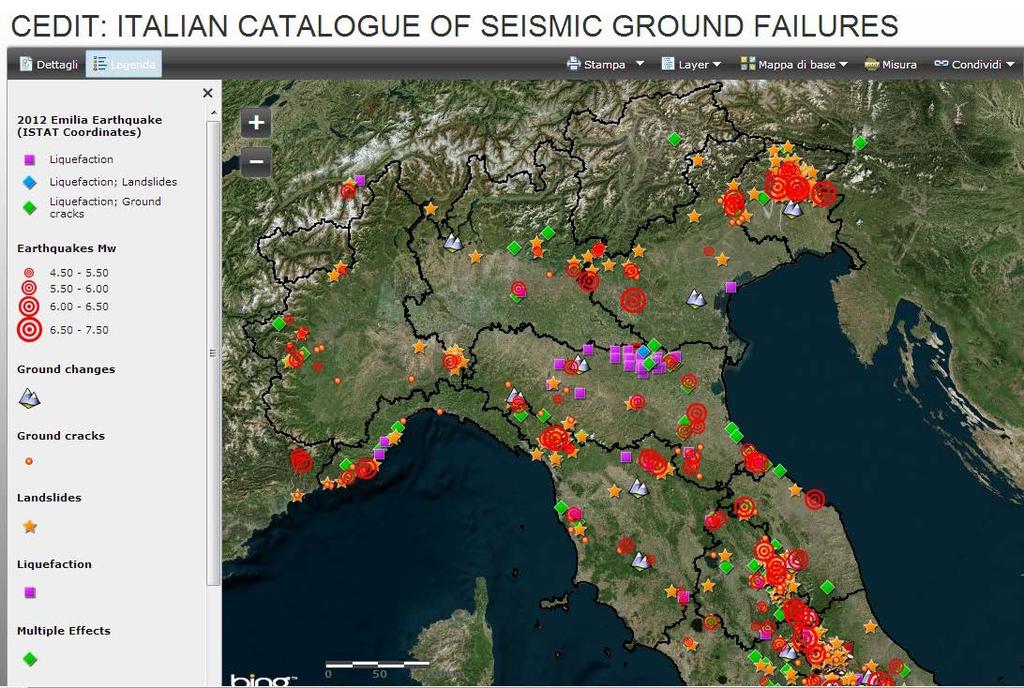 http://www.ceri.uniroma1.it/cn/gis.jsp Catalogo degli effetti deformativi del suolo indotti da forti terremoti in Italia, aggiornato con gli effetti sismoindotti dal terremoto dell'emilia 2012.