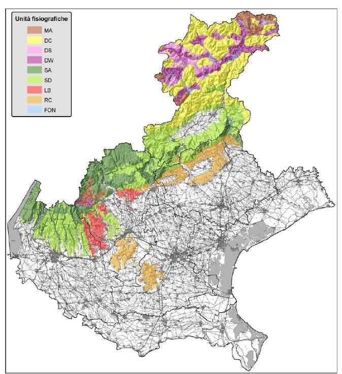 Figura 2: Unità fisiografiche identificate per l area montana e collinare del Veneto.