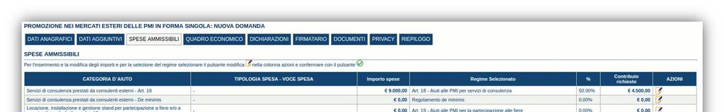 Sezione SPESE AMMISSIBILI La scheda consente di inserire e modificare solo le voci Regime Selezionato e Importo spese ; la percentuale di aiuto e il Contributo richiesto sono calcolati