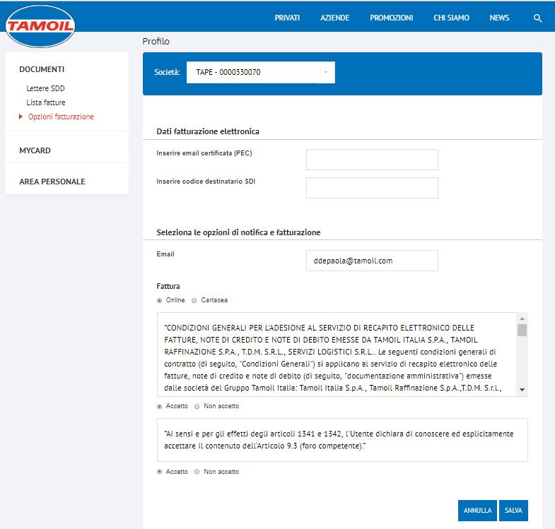 Opzioni di fatturazione: Questa sezione è dedicata ai dati della fatturazione elettronica.