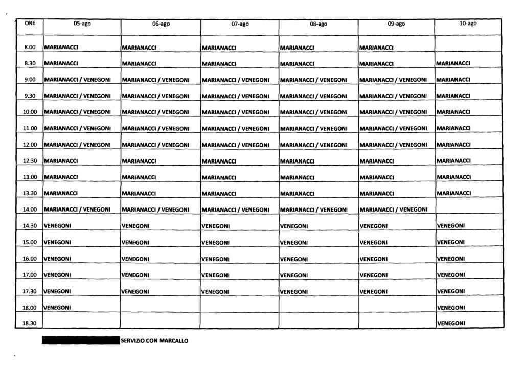 ORE 05-ago 06-ago 07-ago O&ago 09-ago 10-ago 8.00 8.30 9.00 / / / / / 9.30 / / / / / 10.00 / / / / / 11.