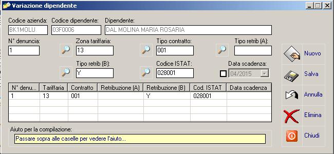 Si inserisca una nuova variazione indicando i dati identificativi per zona tariffaria, tipo contratto e simili, precisando il valore Y nel tipo retribuzione (B) e la data di validità impostata fino a