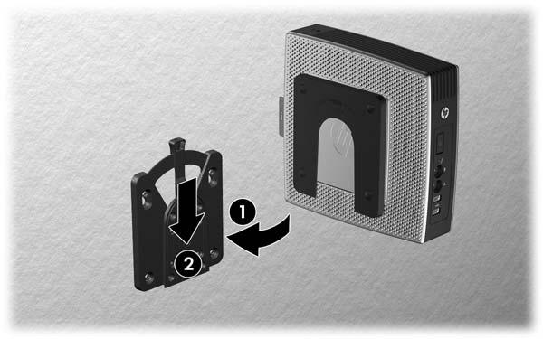 3. Infilare il lato del dispositivo da montare collegato al thin client (1) sull'altro lato del dispositivo di montaggio (2) sul dispositivo sul quale si desidera montare il thin client.