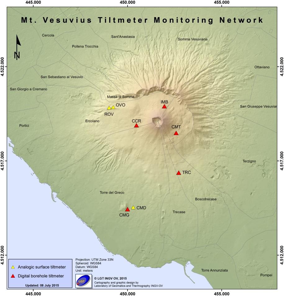Tiltmetria La Rete di Monitoraggio delle inclinazioni del suolo del Vesuvio consiste di 7 stazioni (Fig. 2.