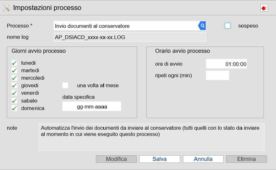 funzione Impostazione sistema / Processi / Agenda; Si apre la seguente maschera: selezionare con doppio clic il processo Invio documenti al conservatore ; Si