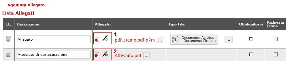 Figura 22: Riprendi Allegati Bando Nella colonna Allegato, una volta caricato il file dal proprio PC, verranno mostrate delle icone: Figura 23: Informazioni sul caricamento degli allegati Cliccando