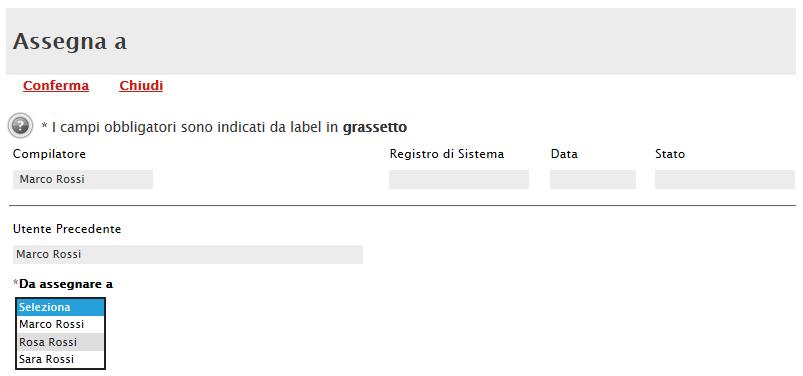 Comando Assegna a L Utente che ha in carico la Risposta, può trasferire il documento ad un collega utilizzando il comando Assegna a, posto in alto sulla toolbar del documento