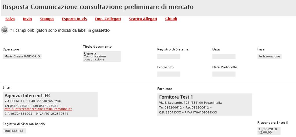 Comunicazione Integrativa Per rispondere alla comunicazione, fare click sul comando Crea risposta, che sarà attivo fino alla data entro cui rispondere indicata dall Ente in fase di invio della