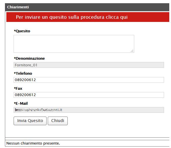 Figura 6: Formulazione del quesito Dopo aver inserito le informazioni obbligatorie (testo del Quesito da porre, Recapito Telefonico e Fax ), fare clic sul