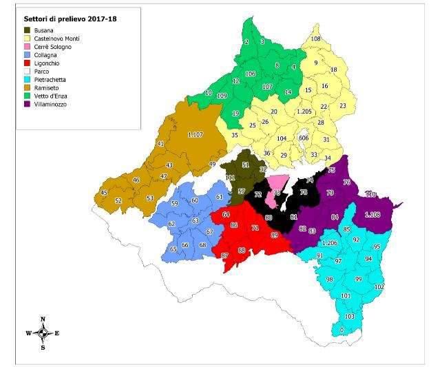 Figura RE15 Settori di prelievo DGRE01 della stagione 2017/18 Provincia di Parma Per la stagione 2017/2018 non sono previste modifiche nella perimetrazione dei distretti.