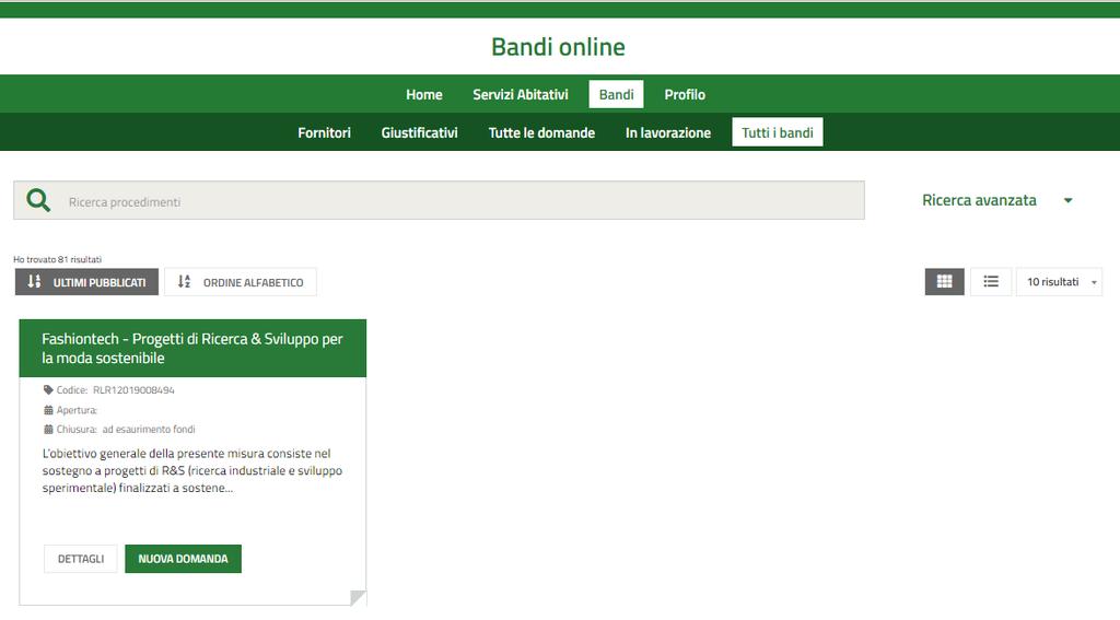 Figura 5 Home page Bandi Tutti i bandi Cliccando su DETTAGLI il sistema apre il collegamento alla
