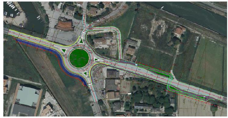 All interno della rotatoria vi è un isola in terreno vegetale, mantenuta a prato verde e rialzata per essere meglio percepita dai conducenti dei veicoli. Figura 2: Planimetria di progetto su ortofoto.