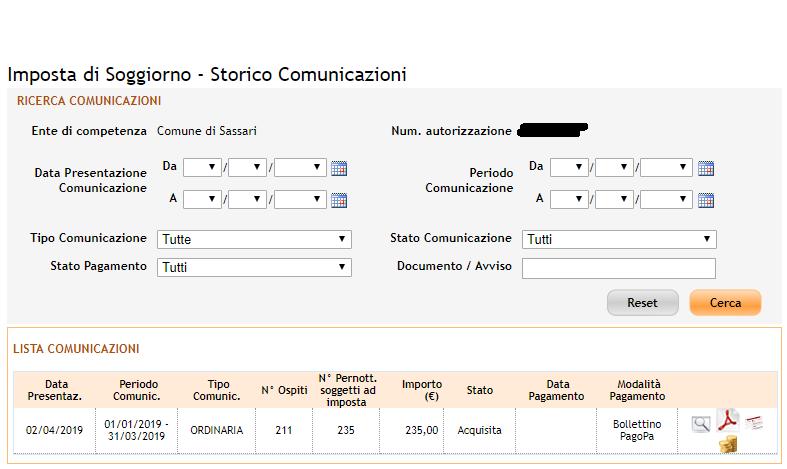 Nella riga di detaglio sono visualizzat seguent dat: o Data Presentazc, indica la data nella quale è stata inserita la comunicazione o Periodo Comunicc, indica il periodo a cui si riferisce la