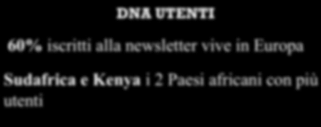 4% crescita utenti di Internet in Africa dal 2000 al 2009 1300 Iscritti alla newsletter settimanale CANALI INVESTIMENTO X RAGGIUNGERLO DNA UTENTI 60% iscritti alla