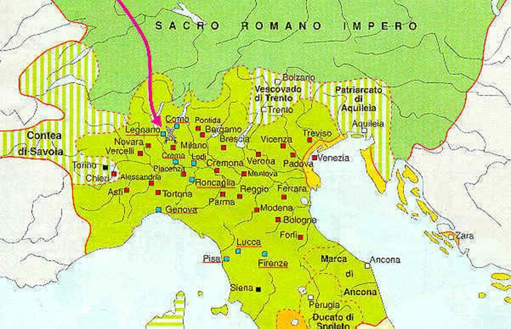 Comune della Lega lombarda (guelfi) Comune schierato con l Imperatore Federico Barbarossa (ghibellini) Altro comune La storia attraverso le fonti Osserva la carta e rifletti, quali città si allearono